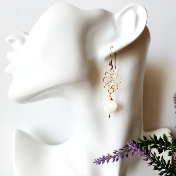 White Shell Heart Leaf Earrings / Gold Wire-Wrapped Dangle Earrings / Handmade - Picture 5 of 9